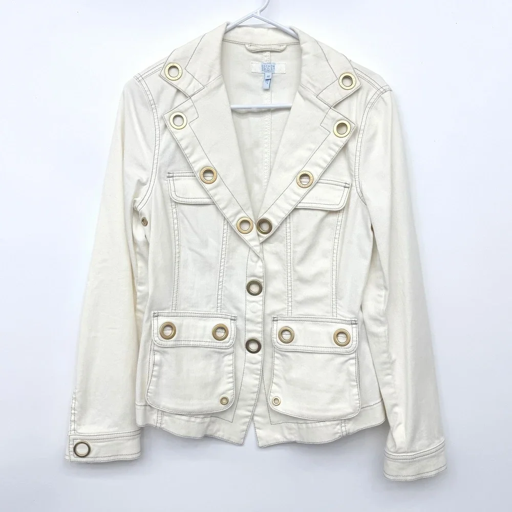 Escada Sport‎ Cream Denim Utility Jacket Grommet Detail Made in Italy Size 42
